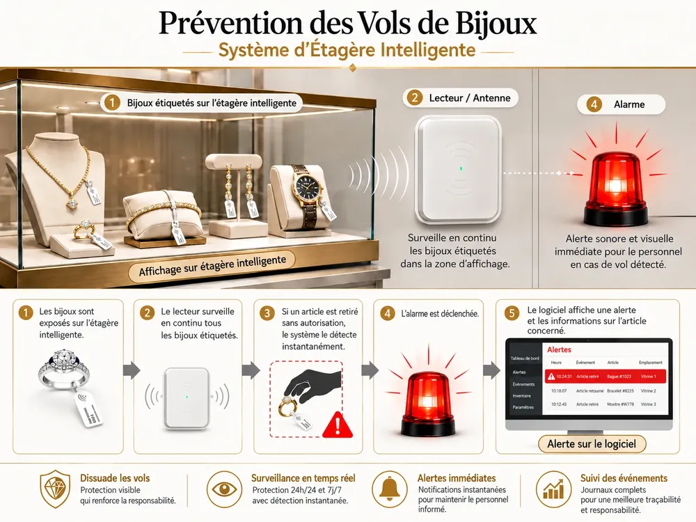 Système antivol pour bijouterie avec étagère intelligente, lecteur, alarme et suivi des bijoux