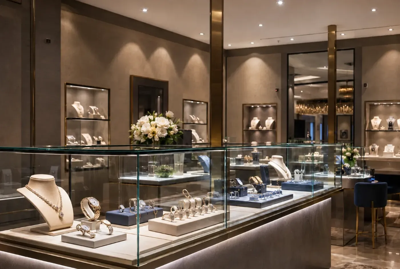 Sécurité pour bijouterie avec surveillance des bijoux et pièces de valeur dans une vitrine intelligente