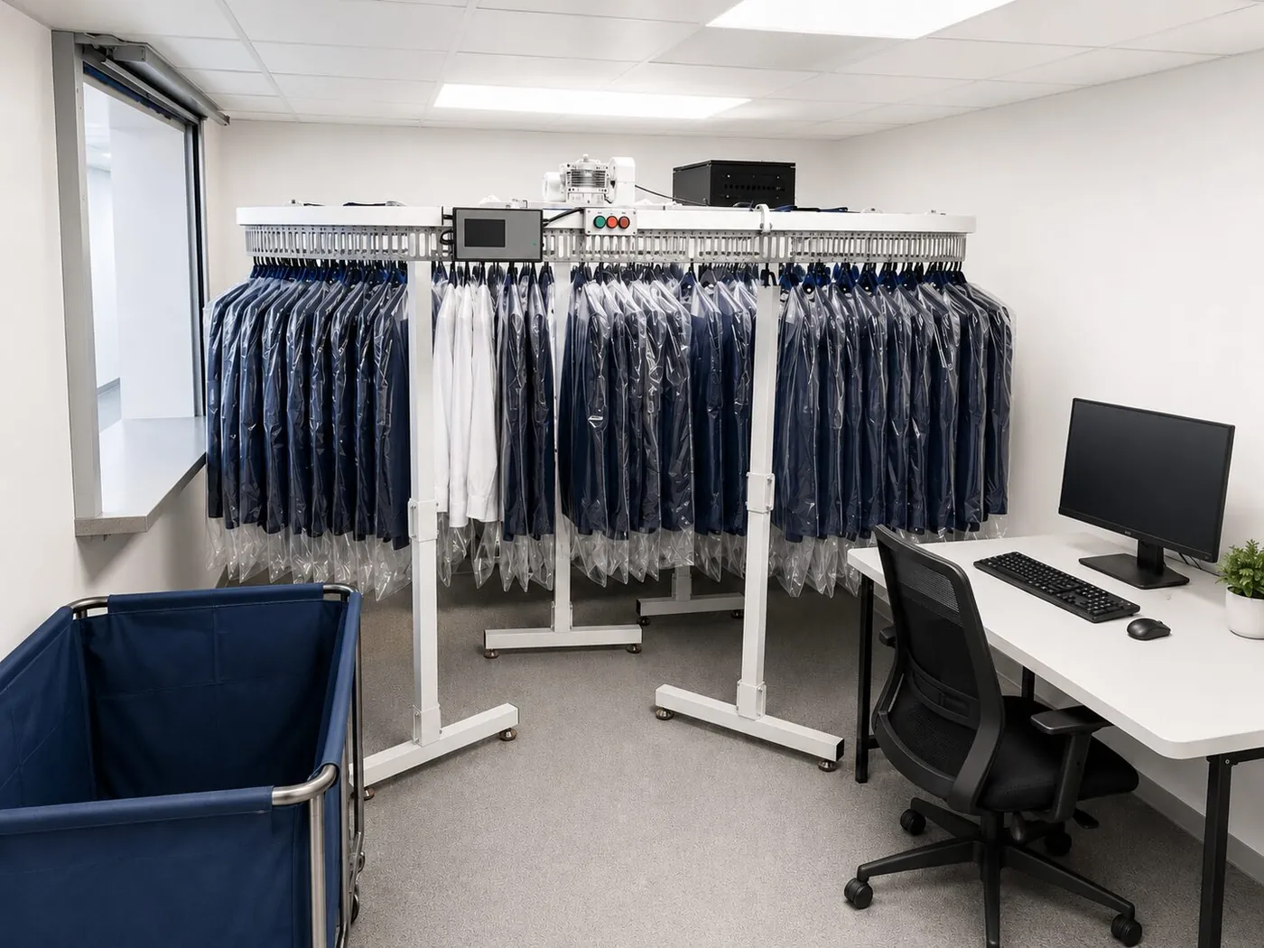Convoyeur de vêtements installé dans une zone de travail